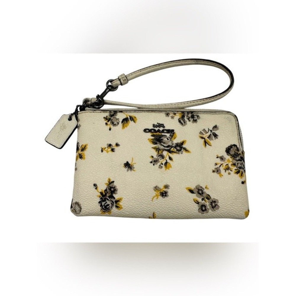Coach Floral Mini Wristlet Cream Yellow Black Rose Print Zip Pouch